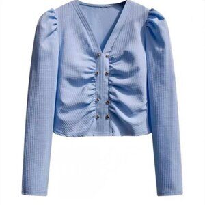 v-neck ruched pleated long puff bishop sleeve shirt ruffled top